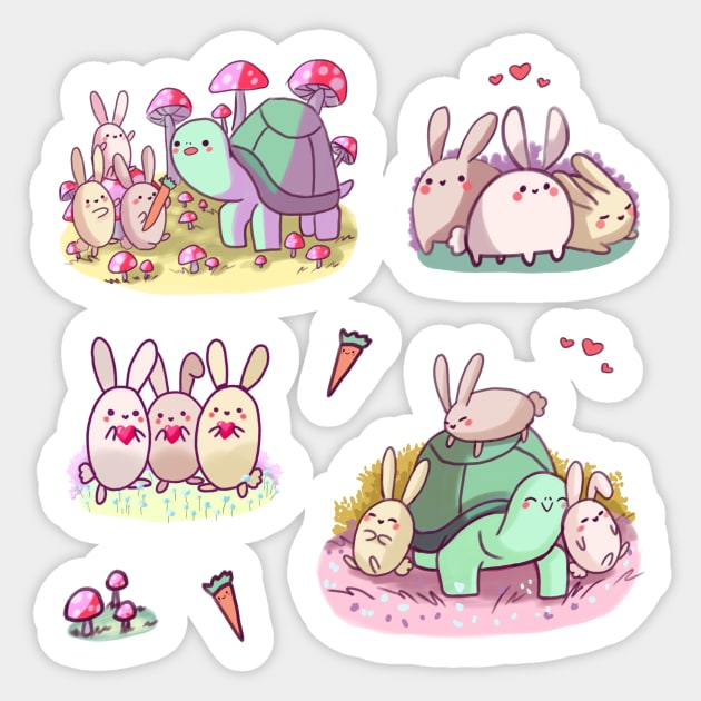 Cute bunnies and turtle with mushrooms sticker pack (get in medium or large) Sticker by Mayarart